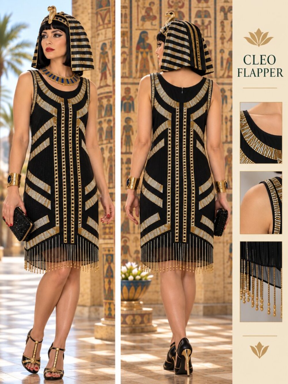 VINTAGE Gold‑Beaded  Art Deco Drama | Flapper / Egypt Style! | Silk | 10 | Patra
